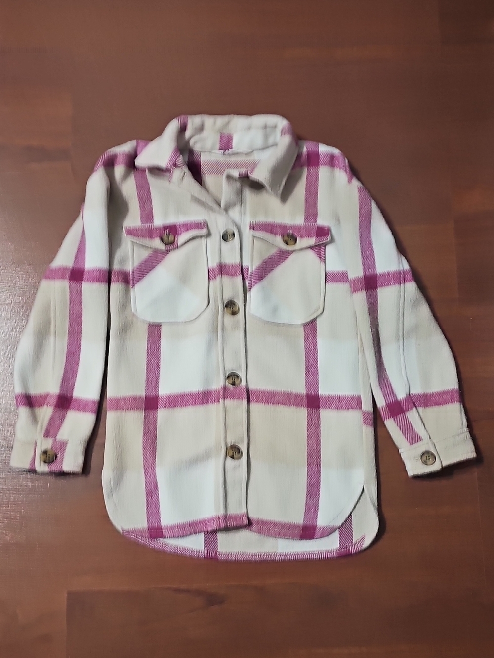 H&M Cream and Pink Plaid Button-Front Shirt Jacket
